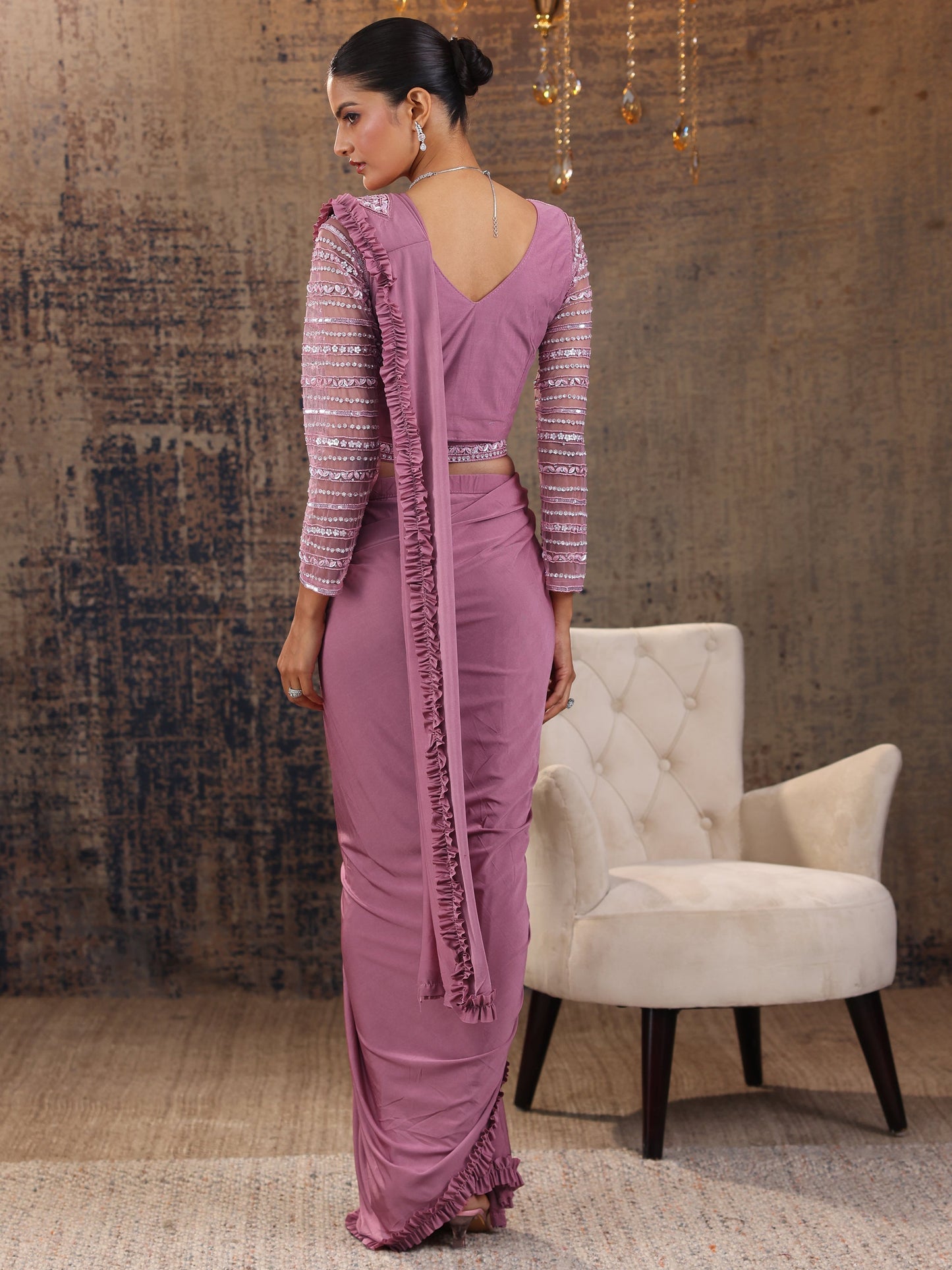 Libas Art Peach Solid Nylon Ready to Wear Saree