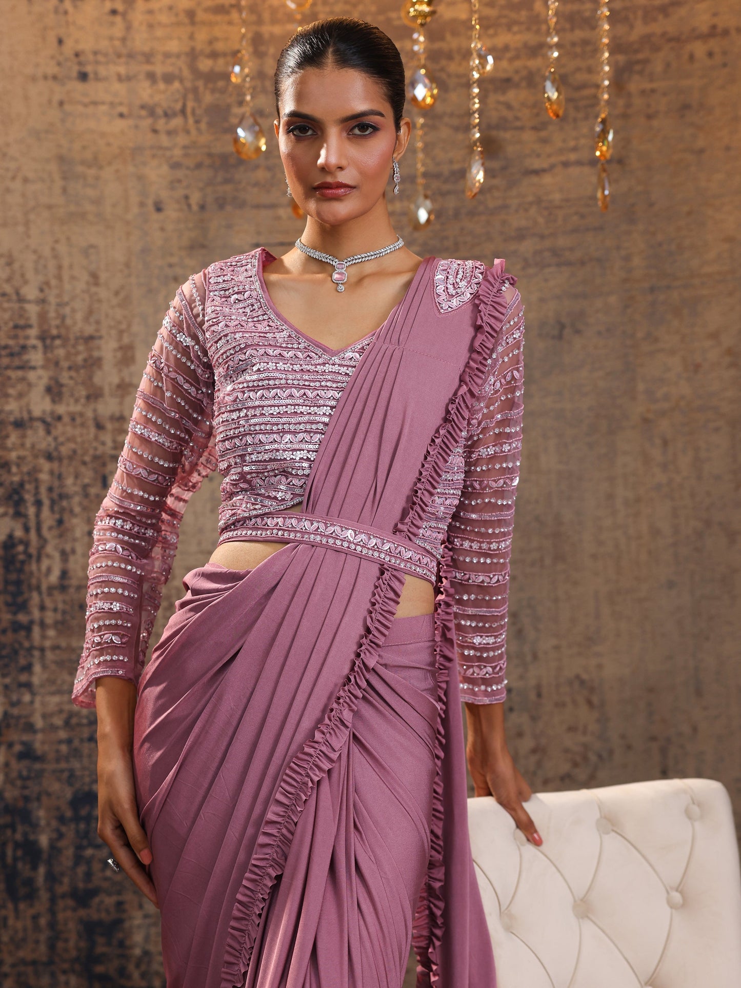 Libas Art Peach Solid Nylon Ready to Wear Saree