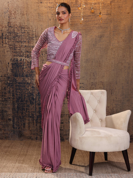 Libas Art Peach Solid Nylon Ready to Wear Saree