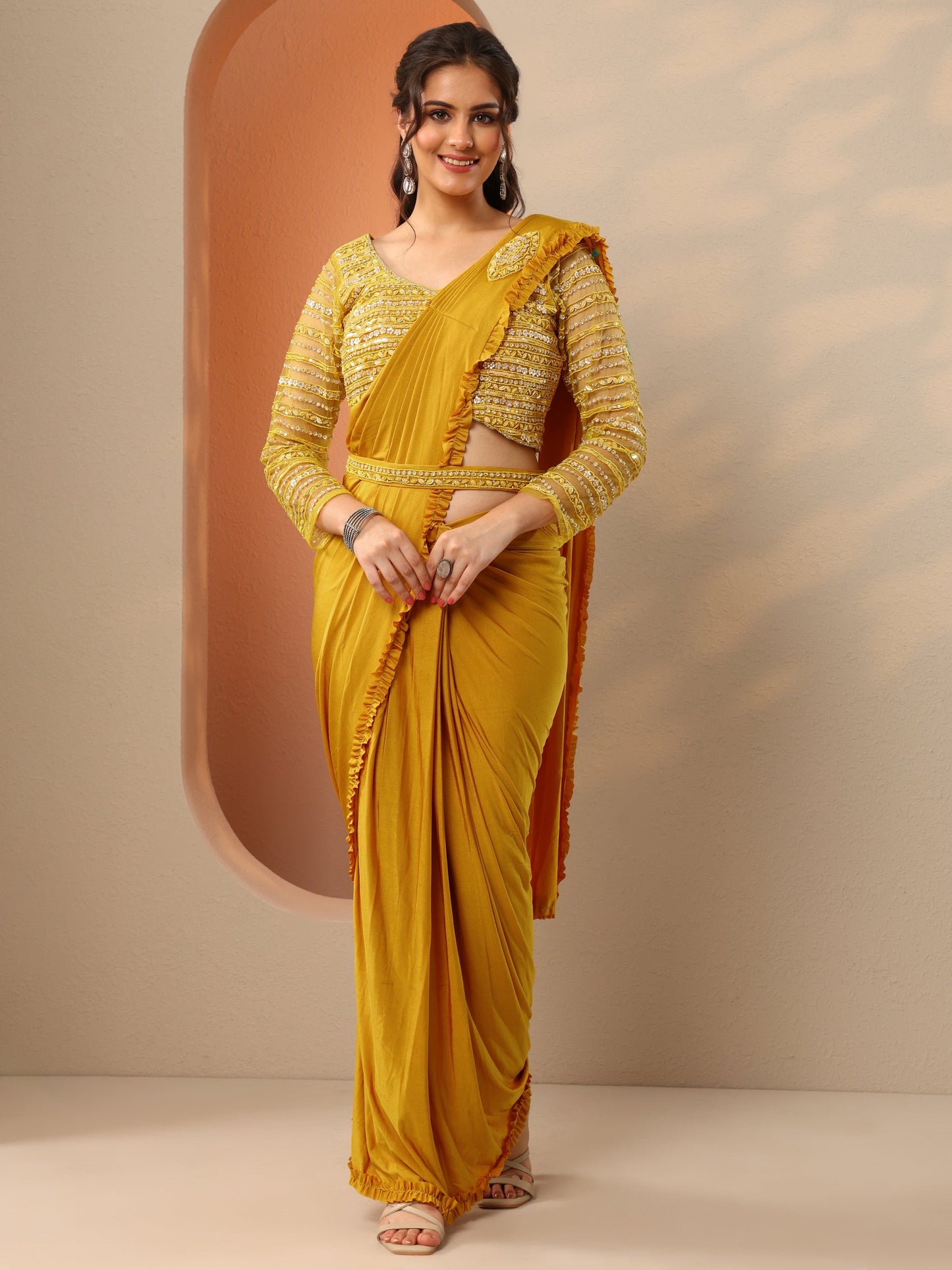 Libas Art Mustard Solid Nylon Ready to Wear Saree