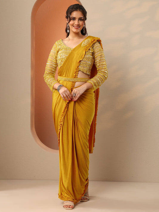 Libas Art Mustard Solid Nylon Ready to Wear Saree