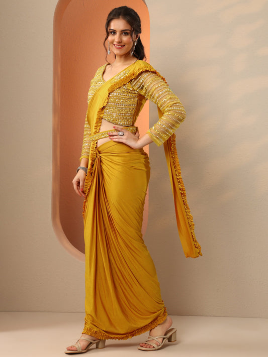 Libas Art Mustard Solid Nylon Ready to Wear Saree