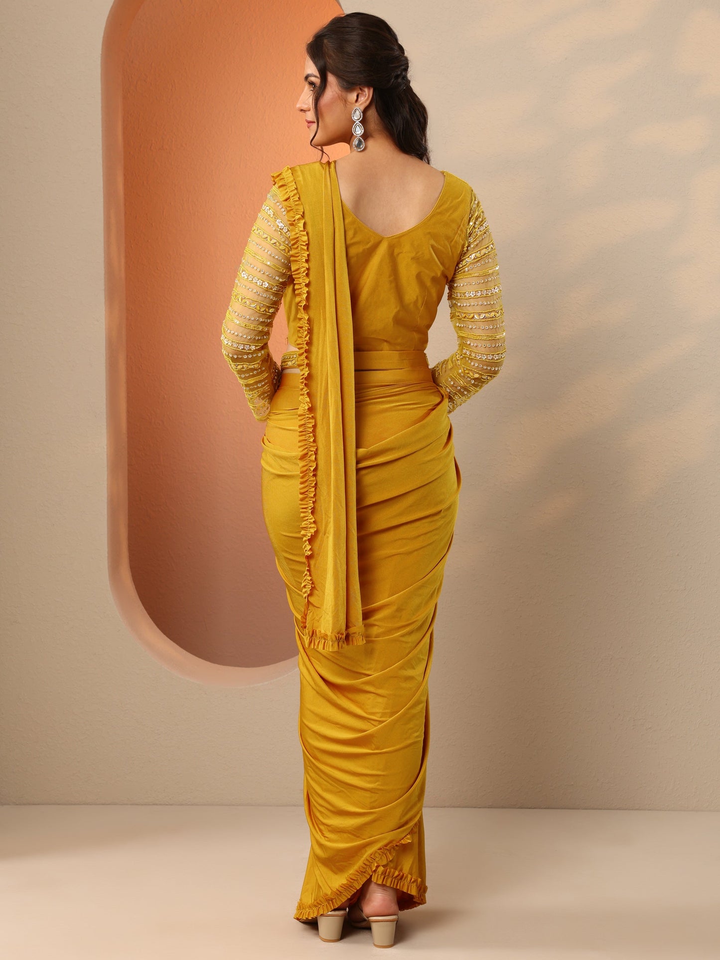 Libas Art Mustard Solid Nylon Ready to Wear Saree