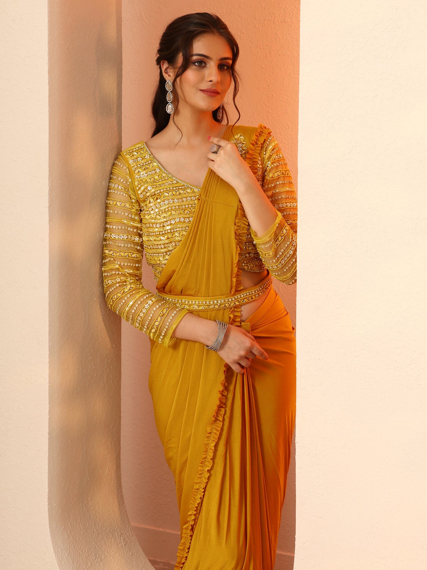 Libas Art Mustard Solid Nylon Ready to Wear Saree