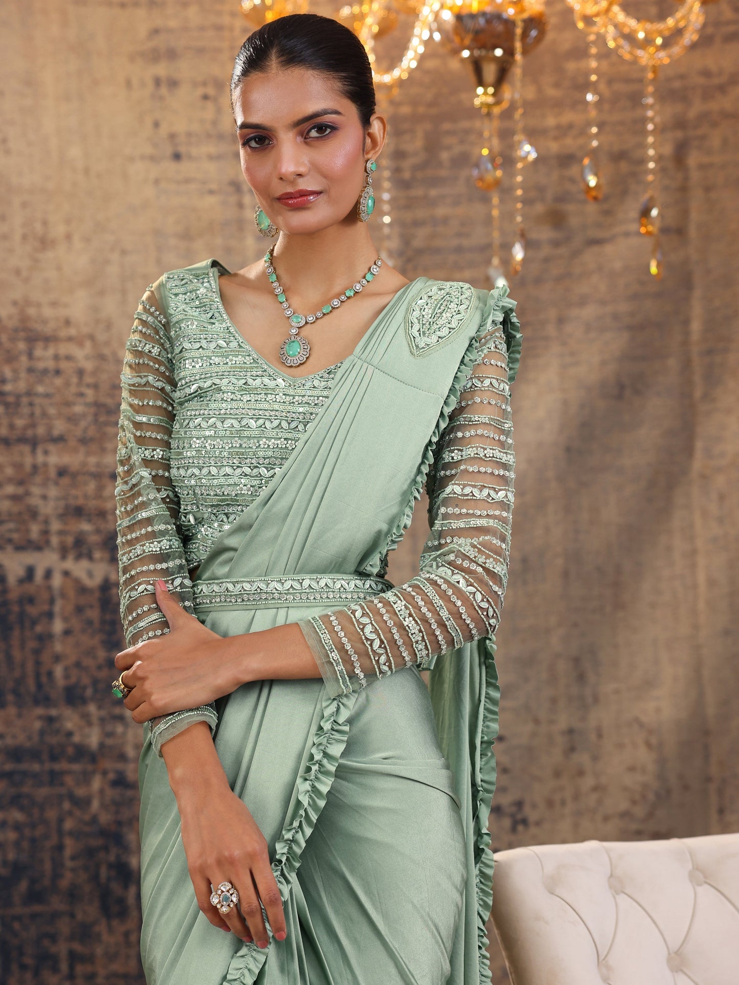 Libas Art Green Solid Nylon Ready to Wear Saree