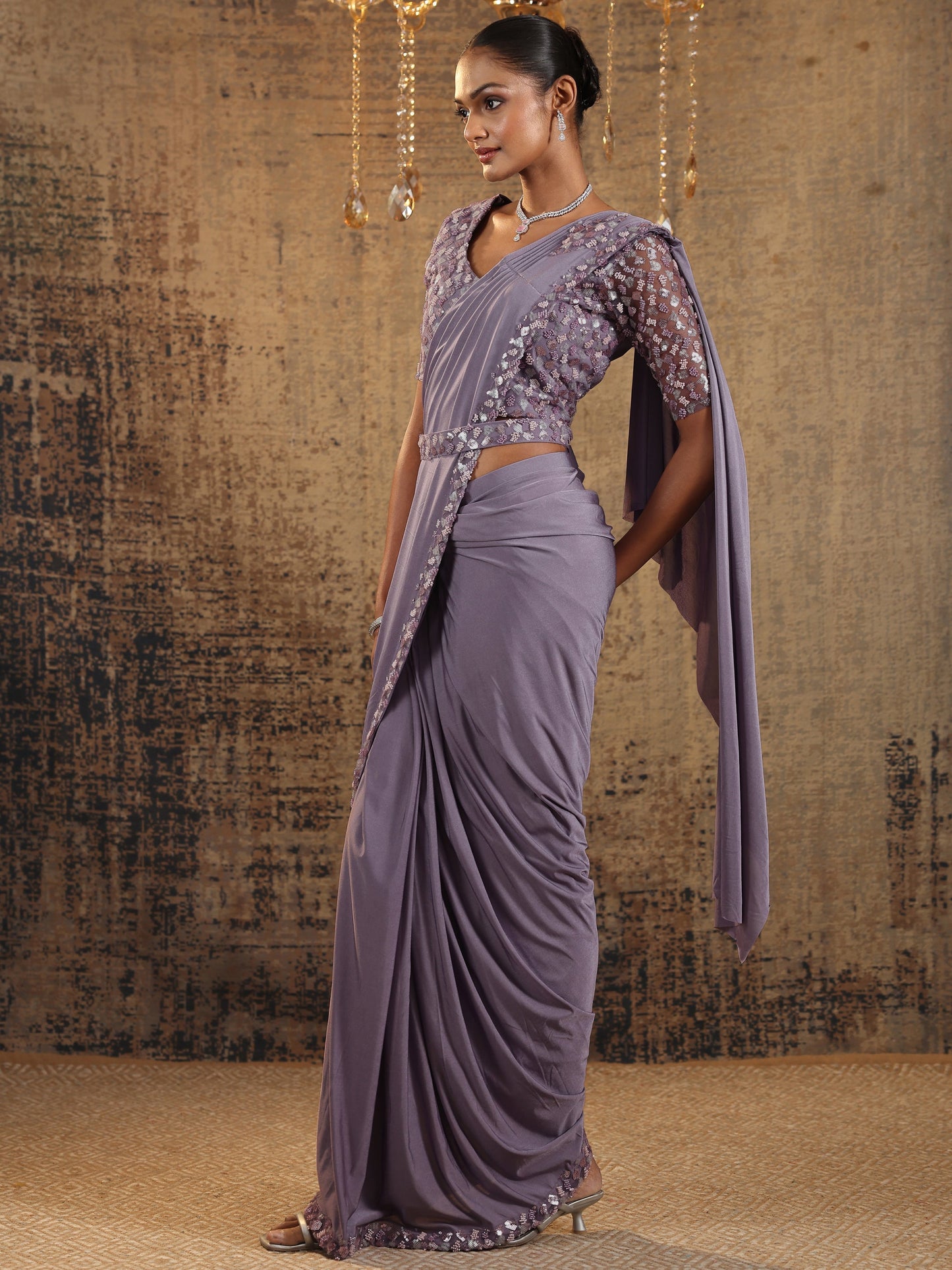 Libas Art Lavender Solid Nylon Ready to Wear Saree