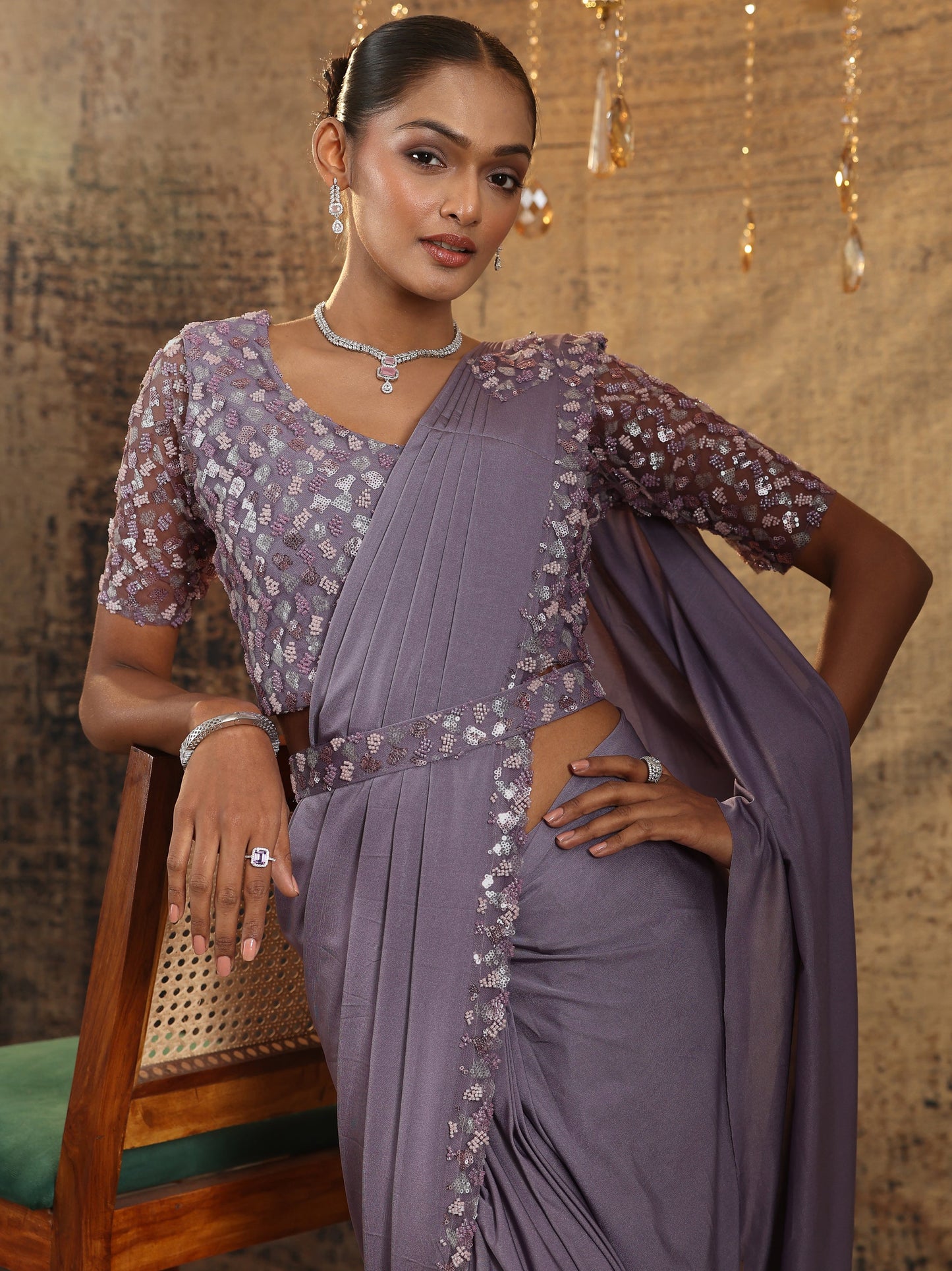 Libas Art Lavender Solid Nylon Ready to Wear Saree