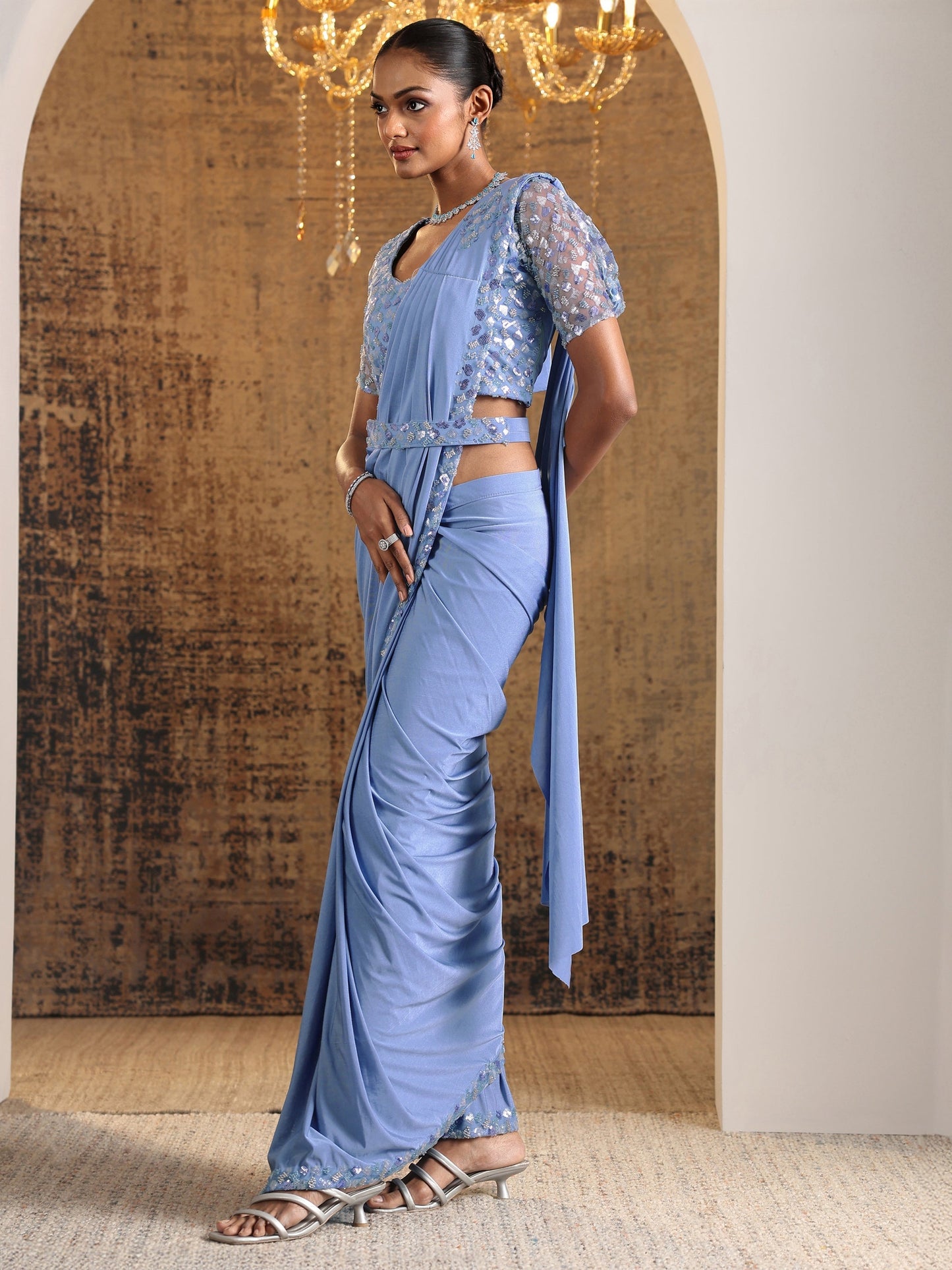 Libas Art Blue Solid Nylon Ready to Wear Saree