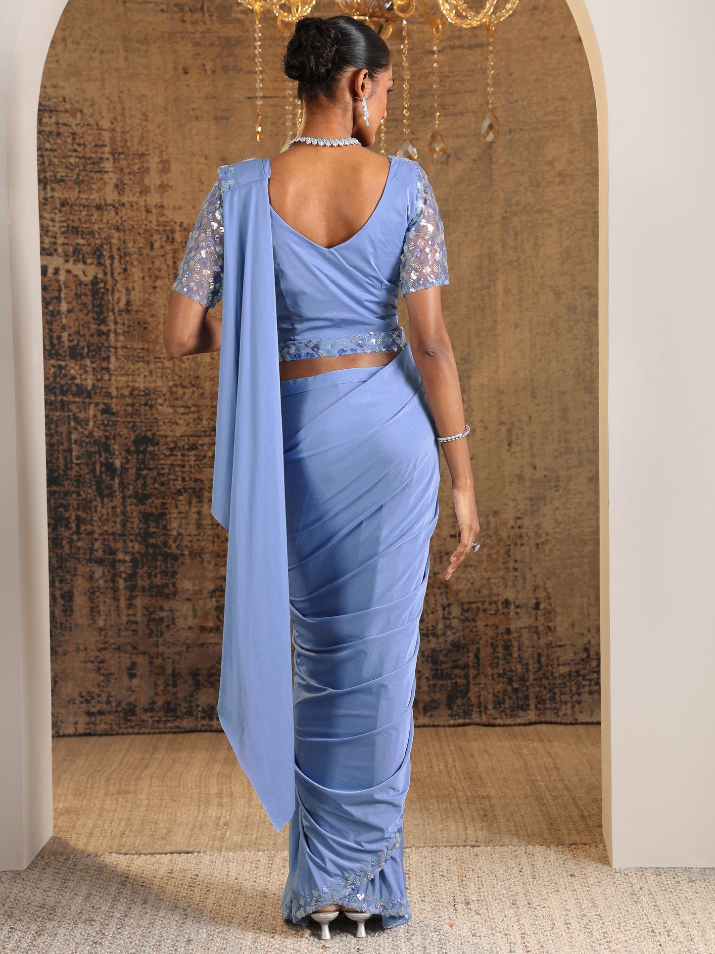 Libas Art Blue Solid Nylon Ready to Wear Saree