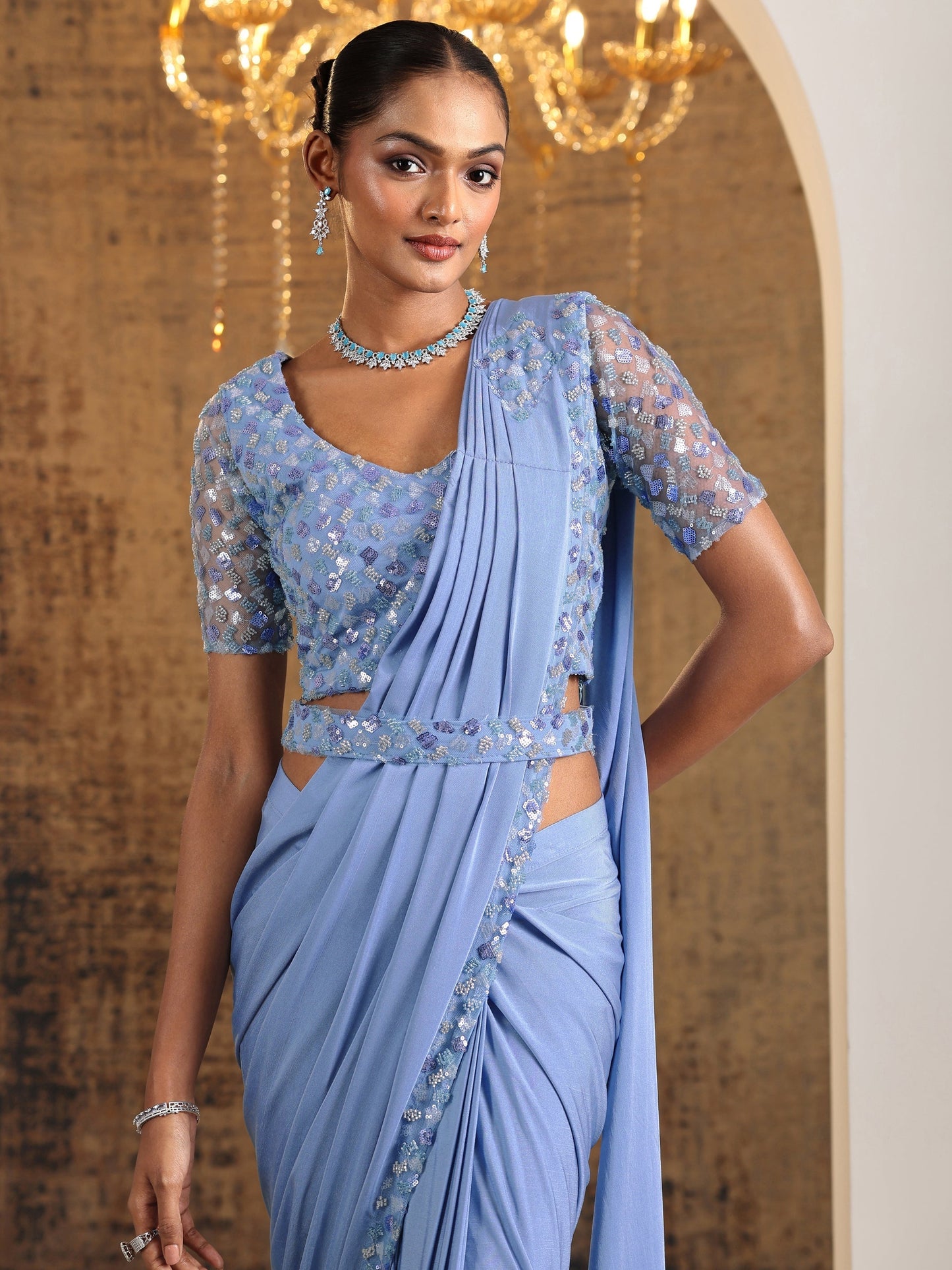 Libas Art Blue Solid Nylon Ready to Wear Saree