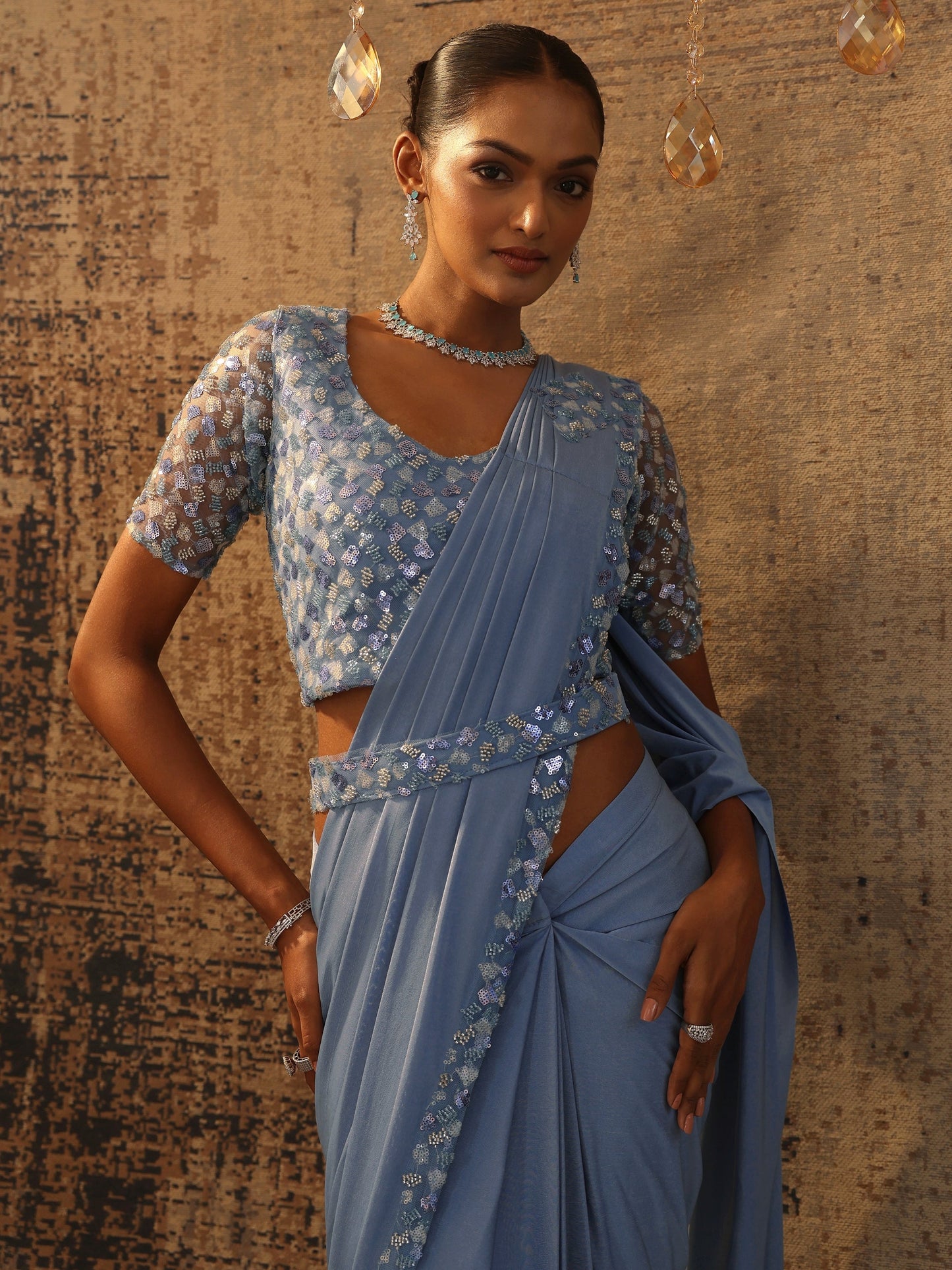 Libas Art Blue Solid Nylon Ready to Wear Saree