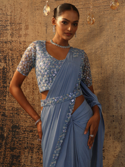 Libas Art Blue Solid Nylon Ready to Wear Saree