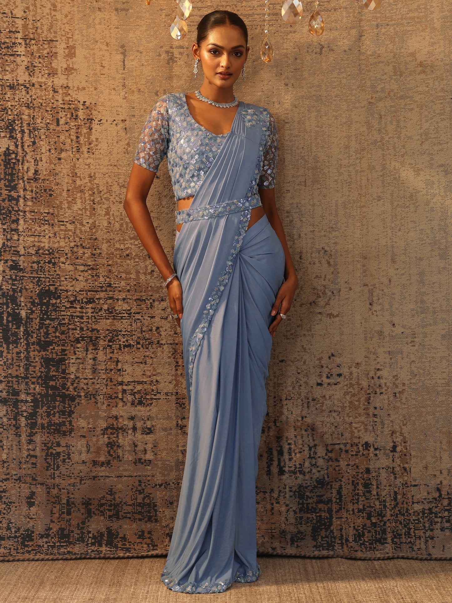 Libas Art Blue Solid Nylon Ready to Wear Saree