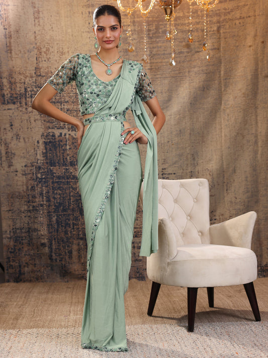 Libas Art Green Solid Nylon Saree With Unstitched Blouse Piece