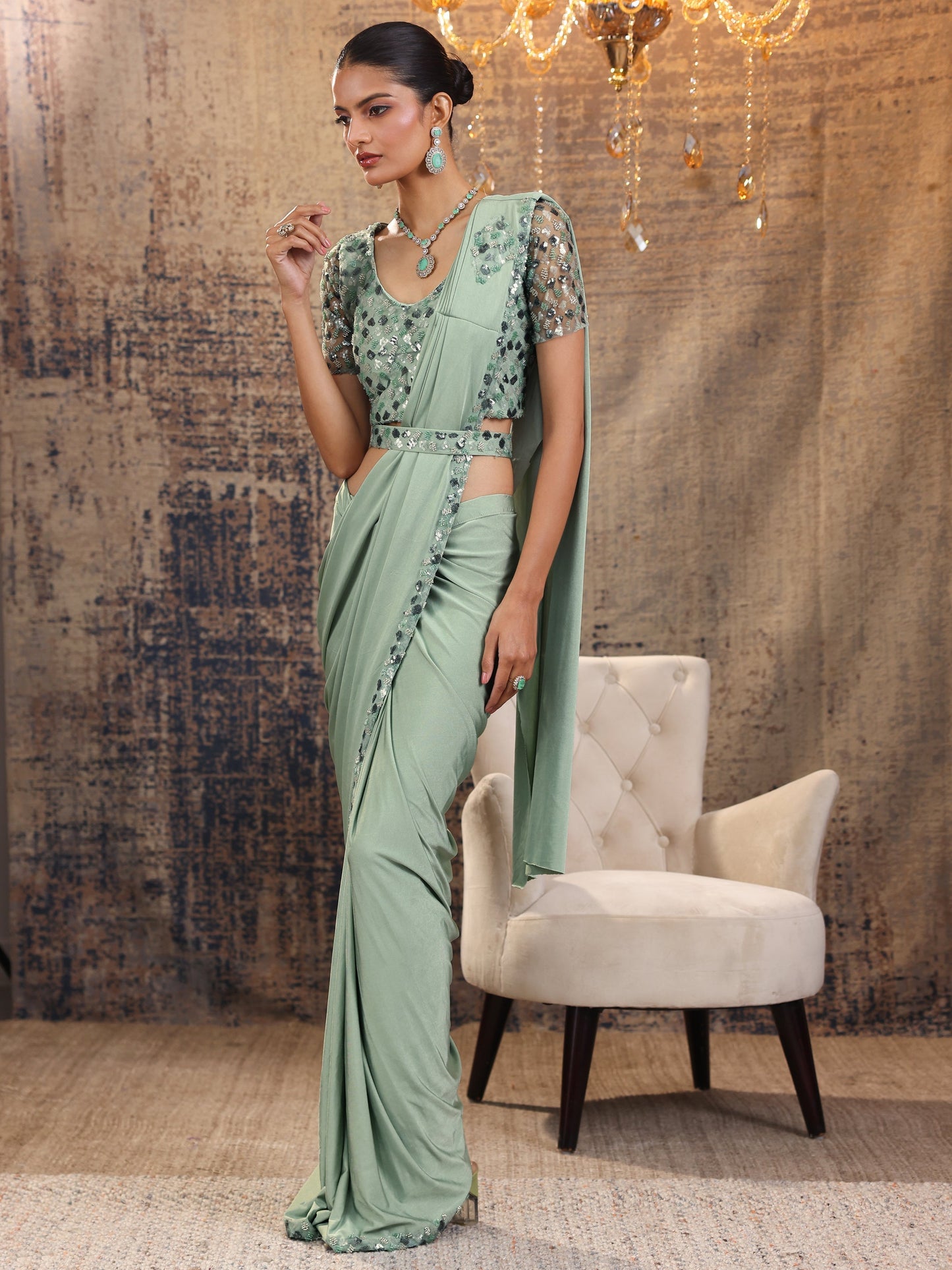 Libas Art Green Solid Nylon Saree With Unstitched Blouse Piece