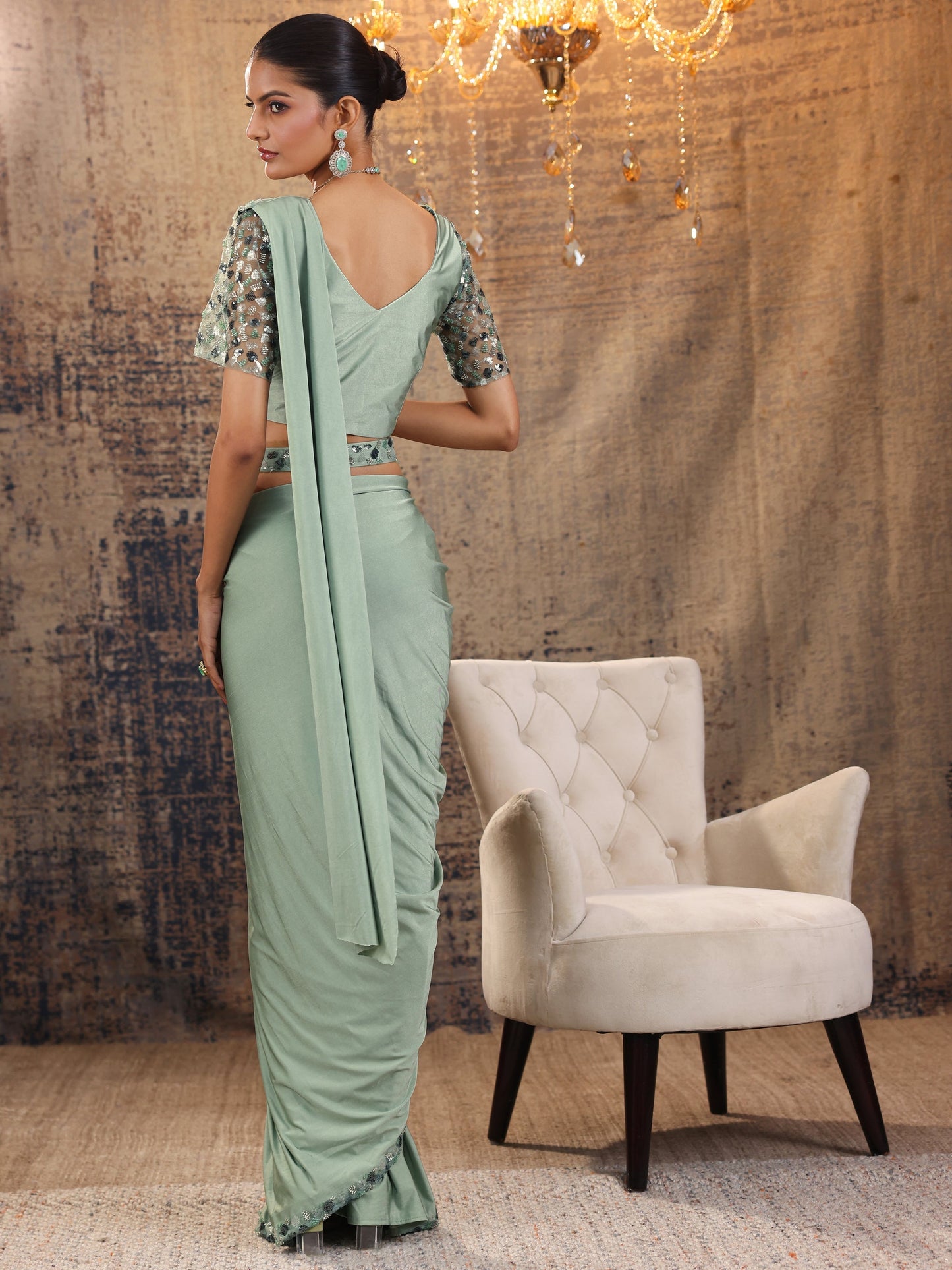 Libas Art Green Solid Nylon Saree With Unstitched Blouse Piece