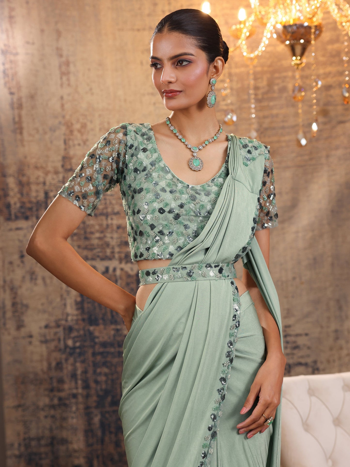 Libas Art Green Solid Nylon Saree With Unstitched Blouse Piece