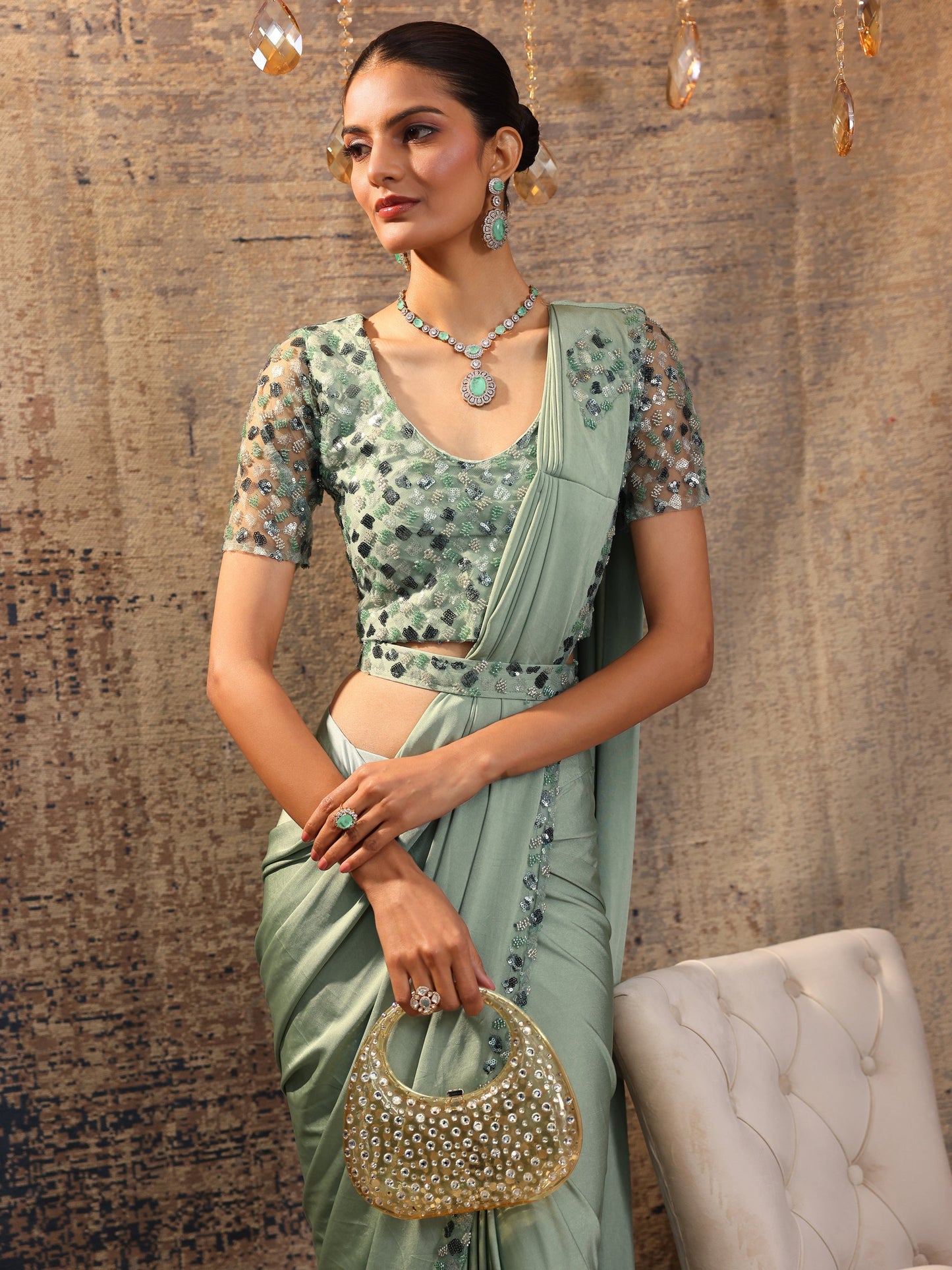 Libas Art Green Solid Nylon Saree With Unstitched Blouse Piece