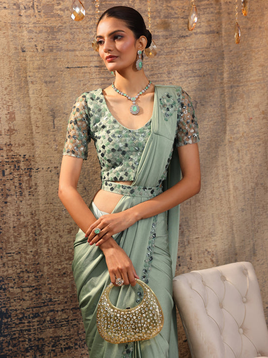 Libas Art Green Solid Nylon Saree With Unstitched Blouse Piece