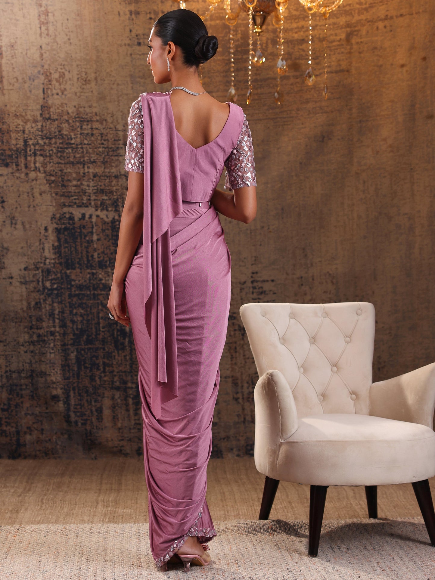 Libas Art Peach Solid Nylon Ready to Wear Saree