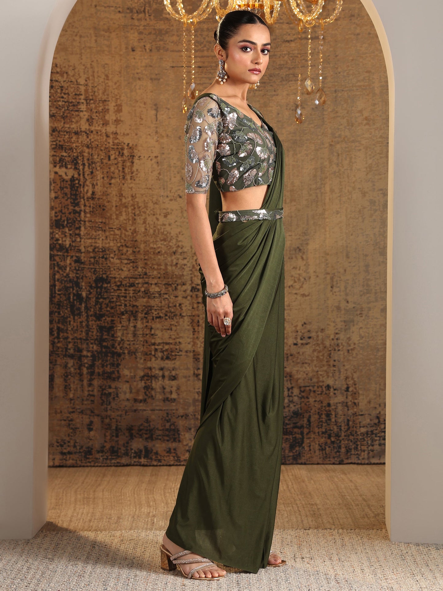 Libas Art Green Solid Nylon Ready to Wear Saree