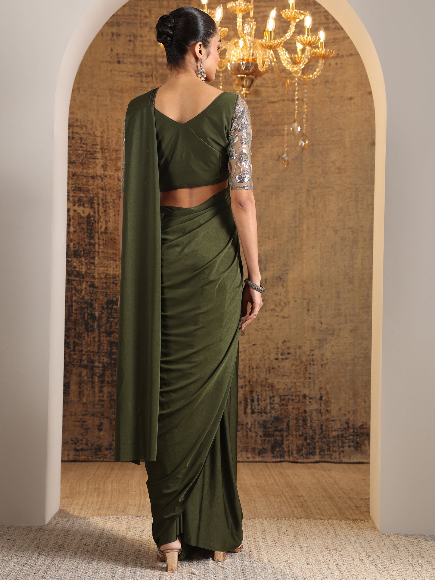 Libas Art Green Solid Nylon Ready to Wear Saree