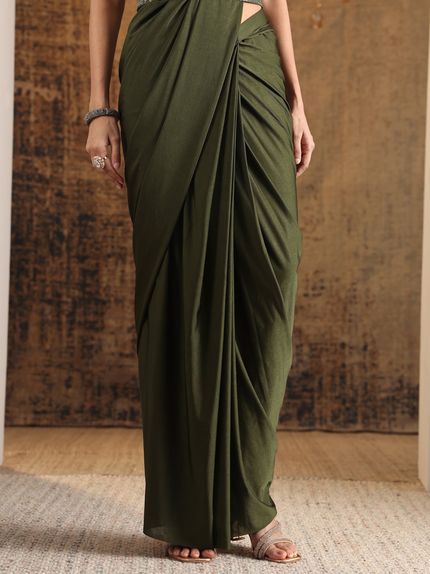 Libas Art Green Solid Nylon Ready to Wear Saree