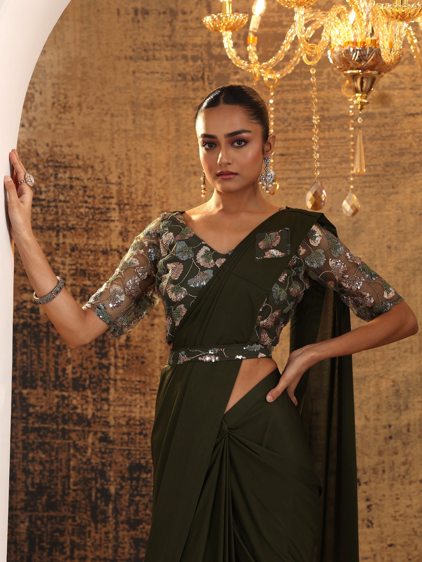 Libas Art Green Solid Nylon Ready to Wear Saree