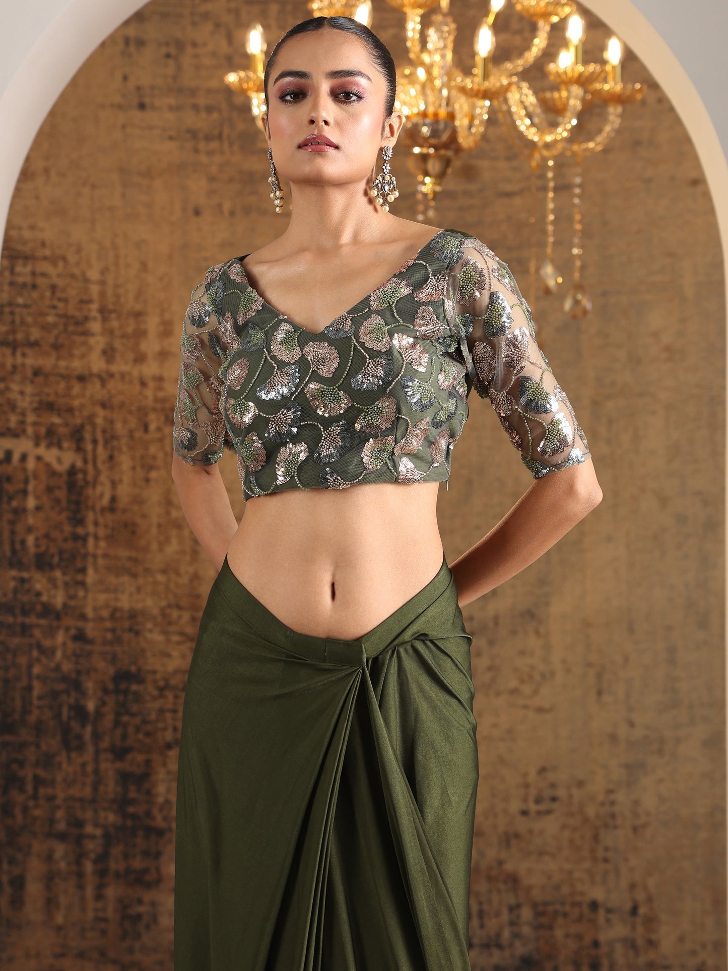 Libas Art Green Solid Nylon Ready to Wear Saree