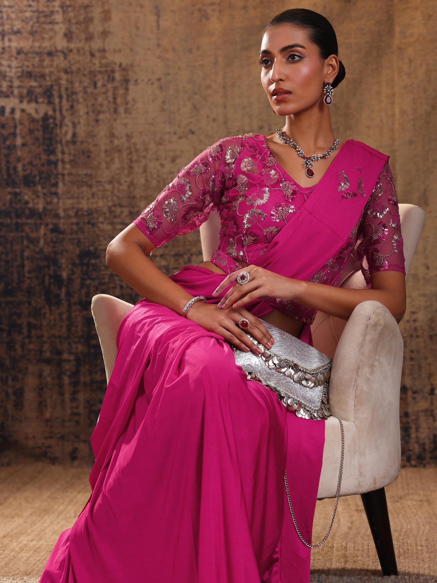 Libas Art Pink Solid Nylon Ready to Wear Saree