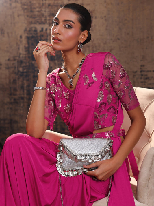 Libas Art Pink Solid Nylon Ready to Wear Saree