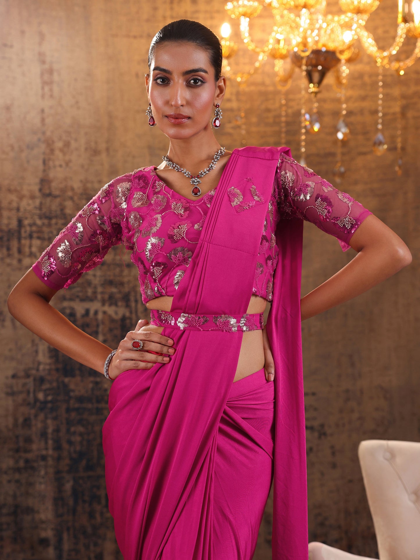 Libas Art Pink Solid Nylon Ready to Wear Saree