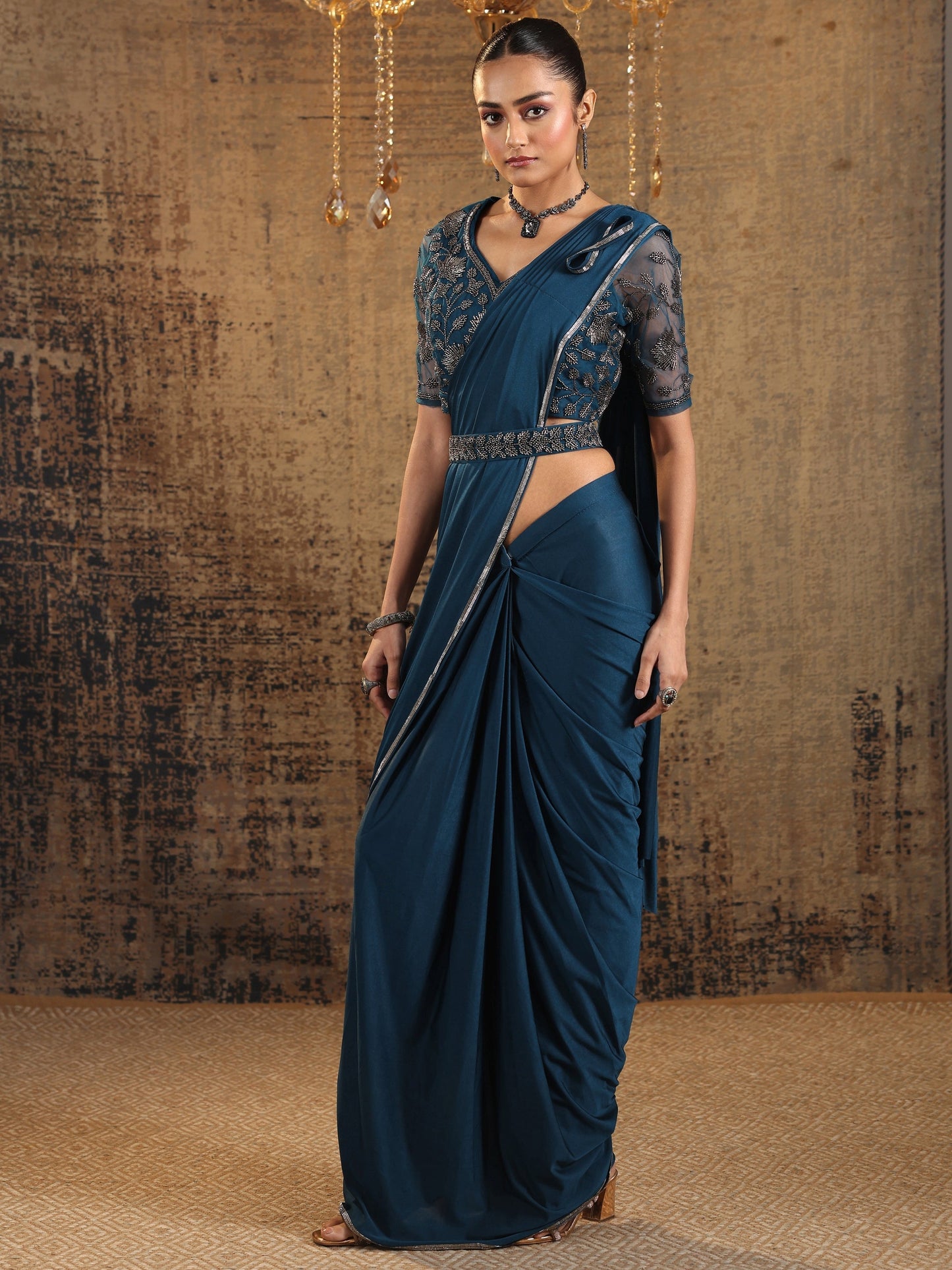 Libas Art Navy Blue Solid Nylon Ready to Wear Saree