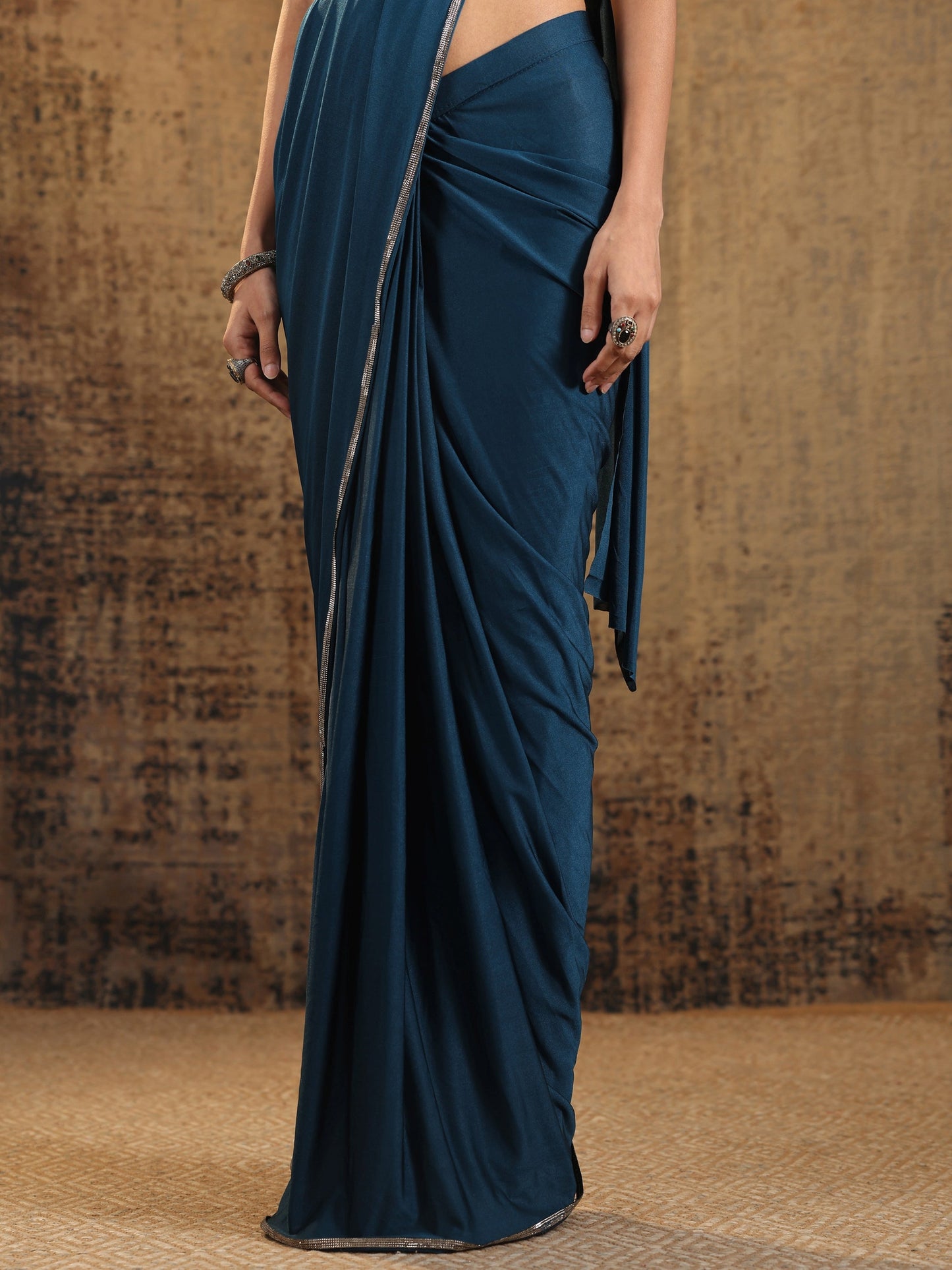 Libas Art Navy Blue Solid Nylon Ready to Wear Saree