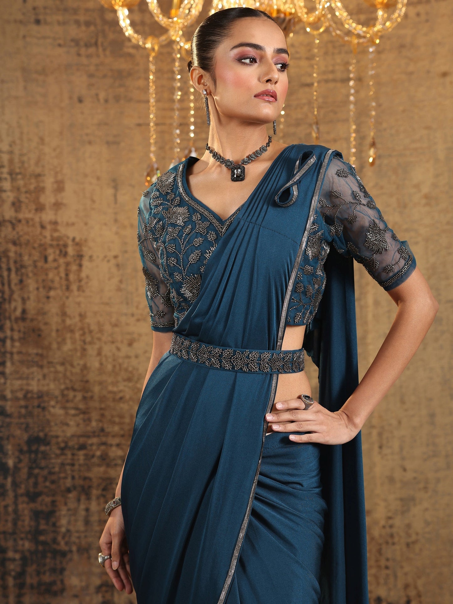 Libas Art Green Solid Nylon Ready to Wear Saree