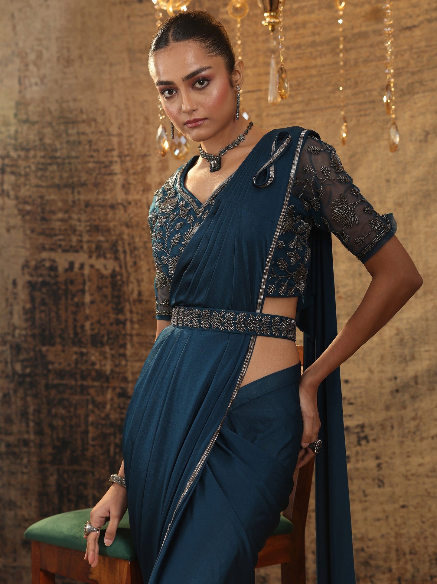 Libas Art Navy Blue Solid Nylon Ready to Wear Saree