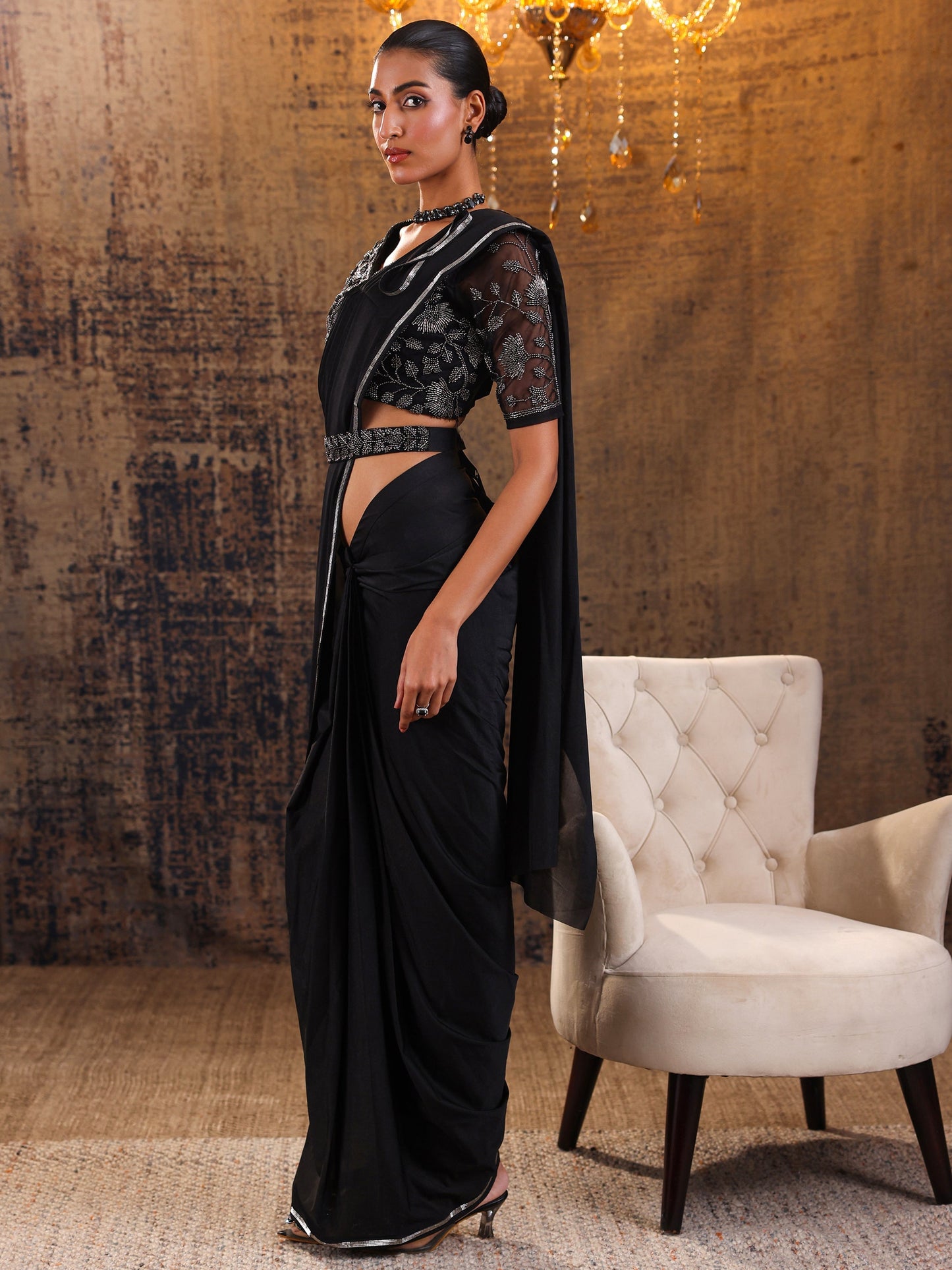 Libas Art Black Solid Nylon Ready to Wear Saree