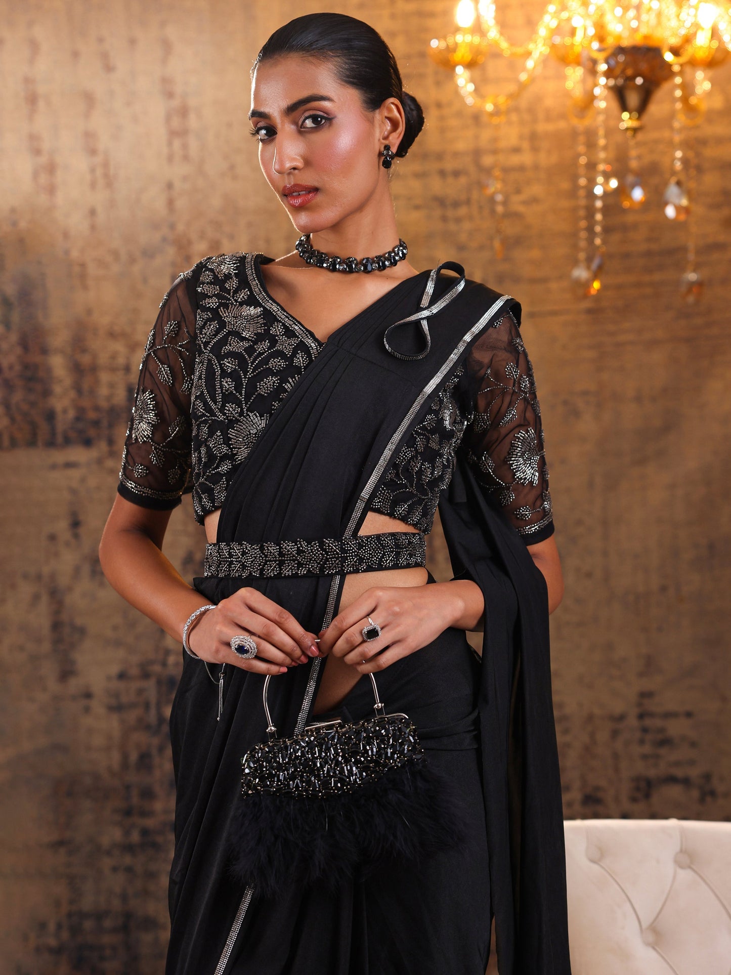 Libas Art Black Solid Nylon Ready to Wear Saree