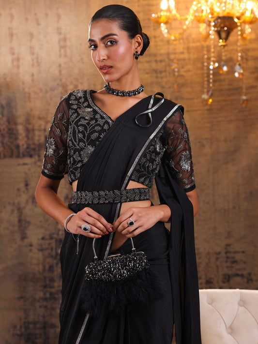 Libas Art Black Solid Nylon Ready to Wear Saree
