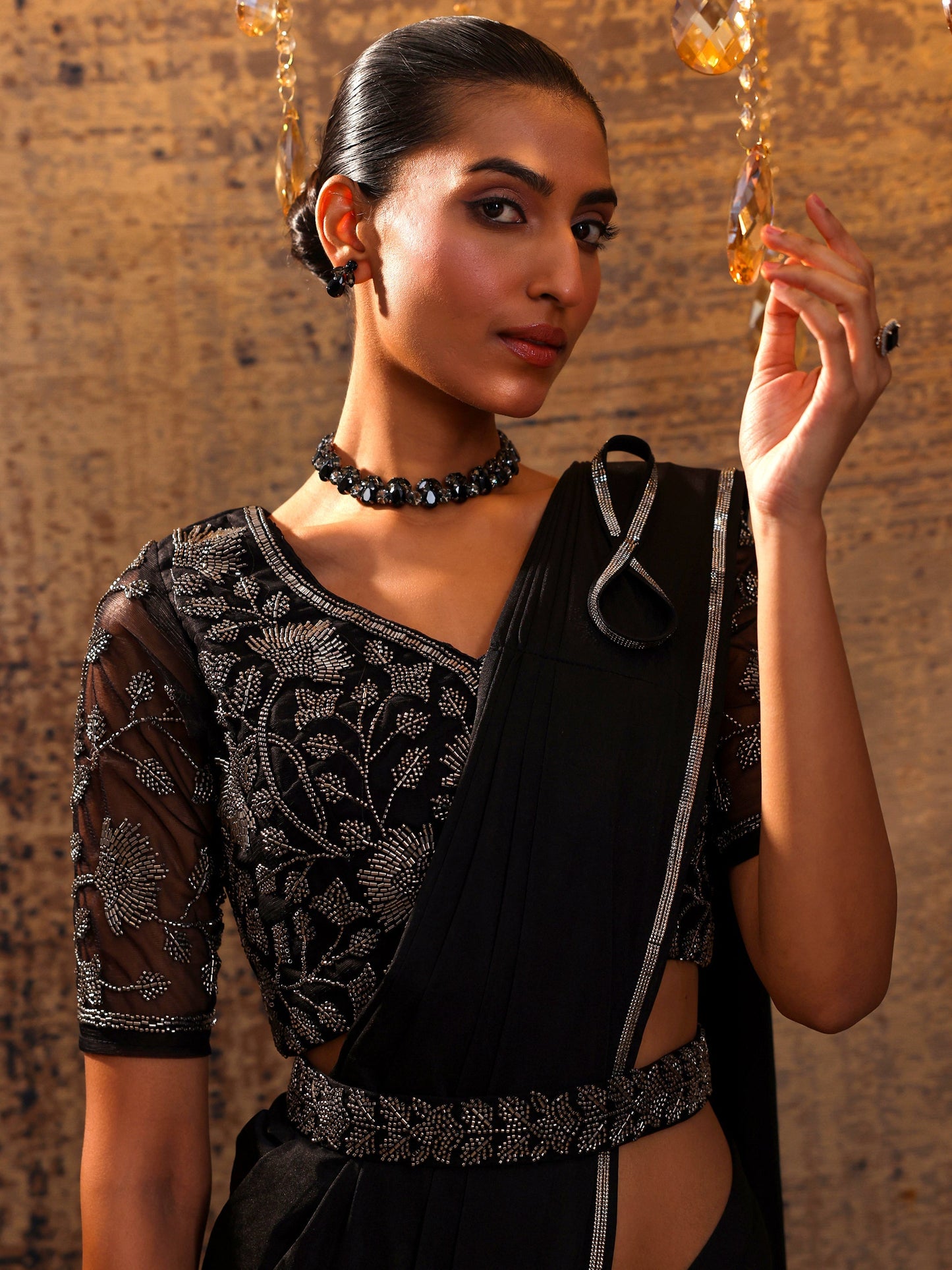 Libas Art Black Solid Nylon Ready to Wear Saree