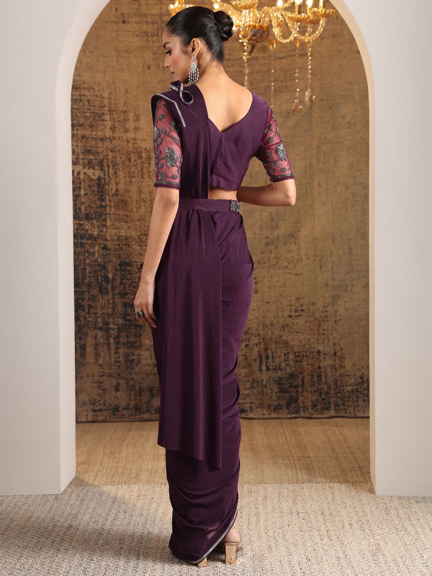 Libas Art Burgundy Solid Nylon Ready to Wear Saree