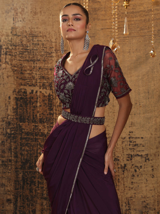 Libas Art Burgundy Solid Nylon Ready to Wear Saree