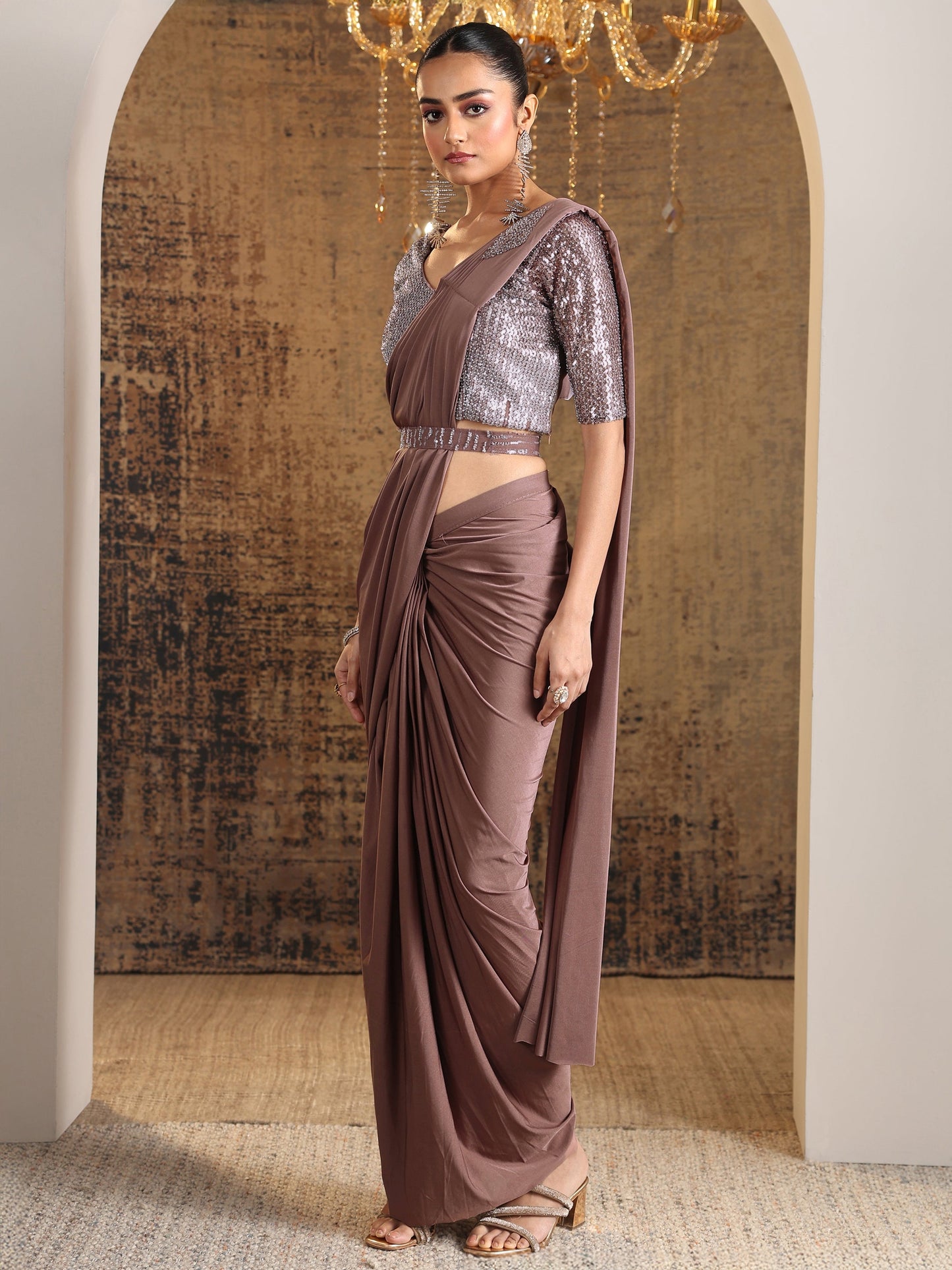 Libas Art Taupe Solid Nylon Ready to Wear Saree