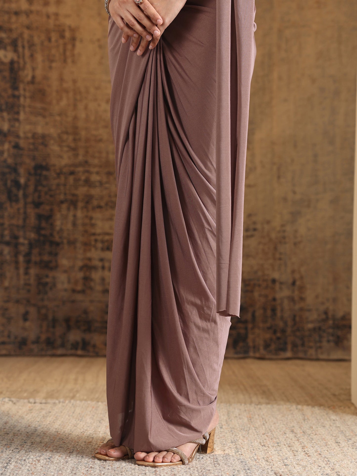 Libas Art Taupe Solid Nylon Ready to Wear Saree