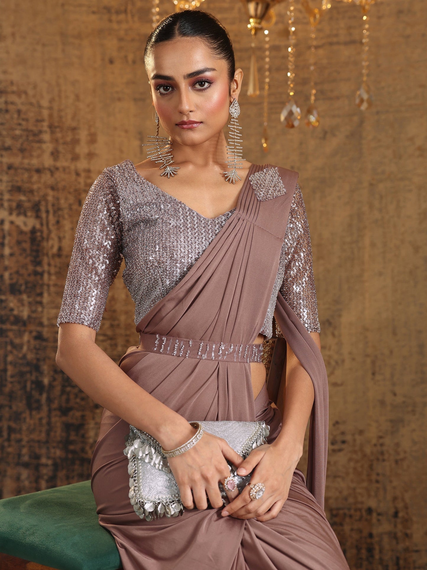 Libas Art Taupe Solid Nylon Ready to Wear Saree