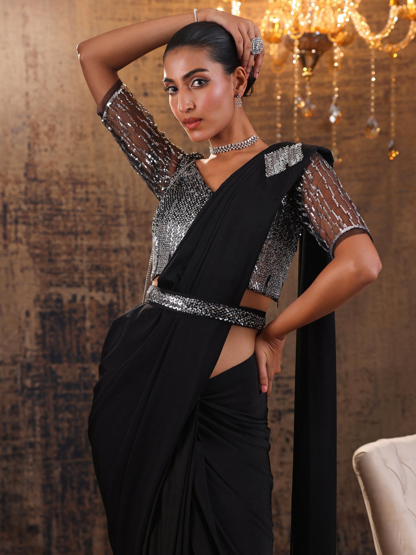 Libas Art Black Printed Nylon Ready to Wear Saree