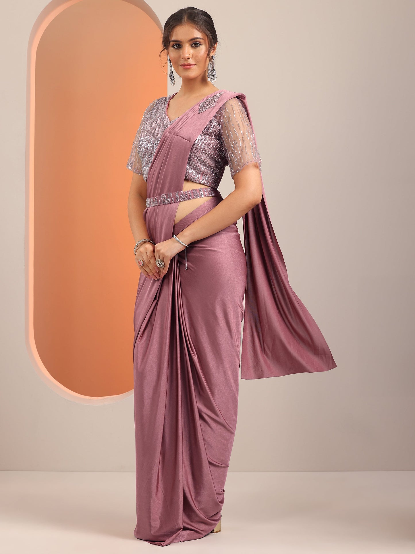 Libas Art Pink Solid Nylon Ready to Wear Saree
