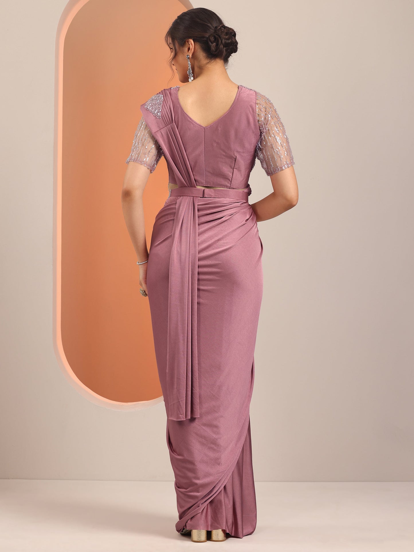 Libas Art Pink Solid Nylon Ready to Wear Saree