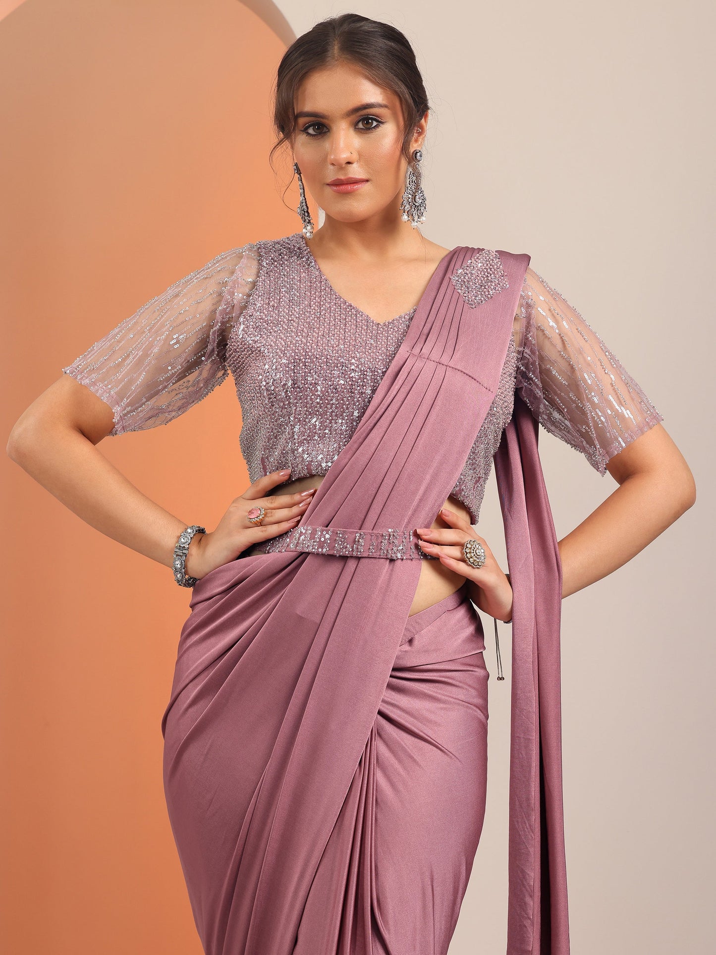 Libas Art Pink Solid Nylon Ready to Wear Saree