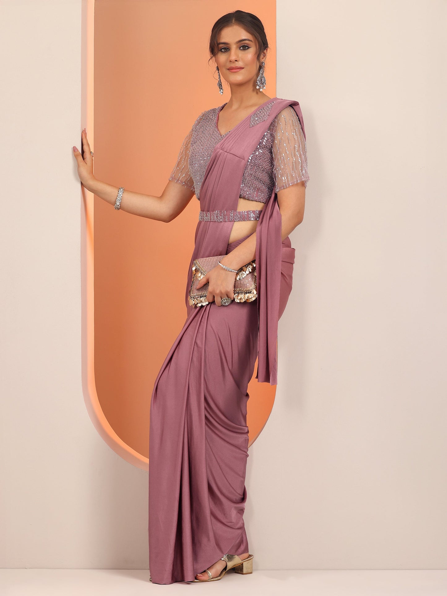Libas Art Pink Solid Nylon Ready to Wear Saree